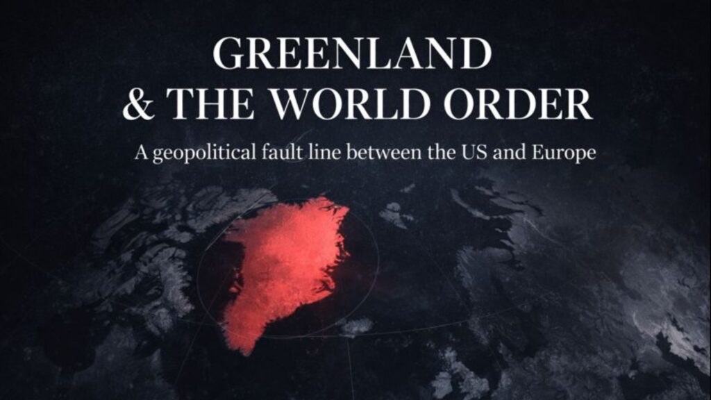 Greenland highlighted on a dark world map illustrating geopolitical tensions between the United States and Europe over global power and NATO stability.