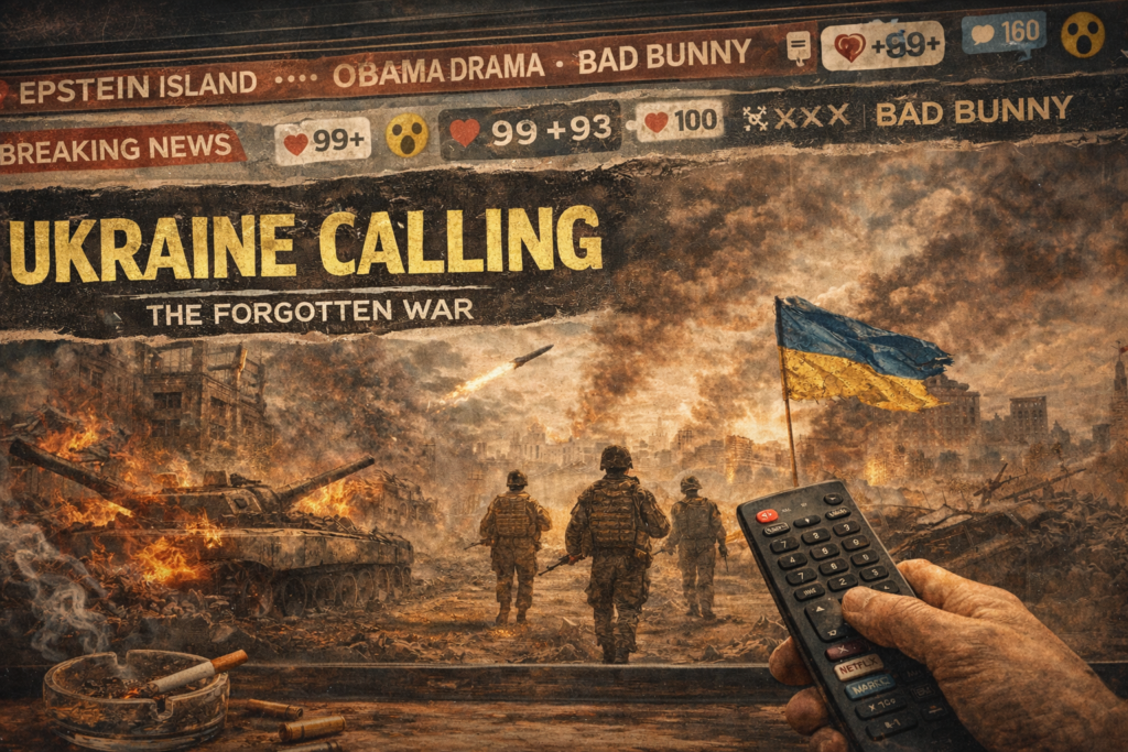 Ukraine war blog cover with soldiers walking through a destroyed city, Ukrainian flag in the background, and a hand holding a TV remote in the foreground symbolizing media distraction