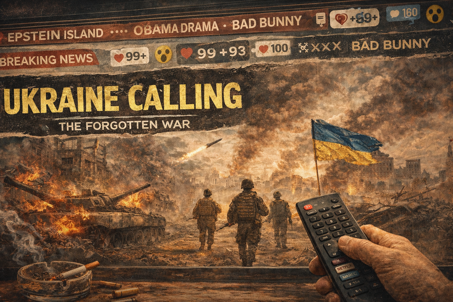 Ukraine war blog cover with soldiers walking through a destroyed city, Ukrainian flag in the background, and a hand holding a TV remote in the foreground symbolizing media distraction