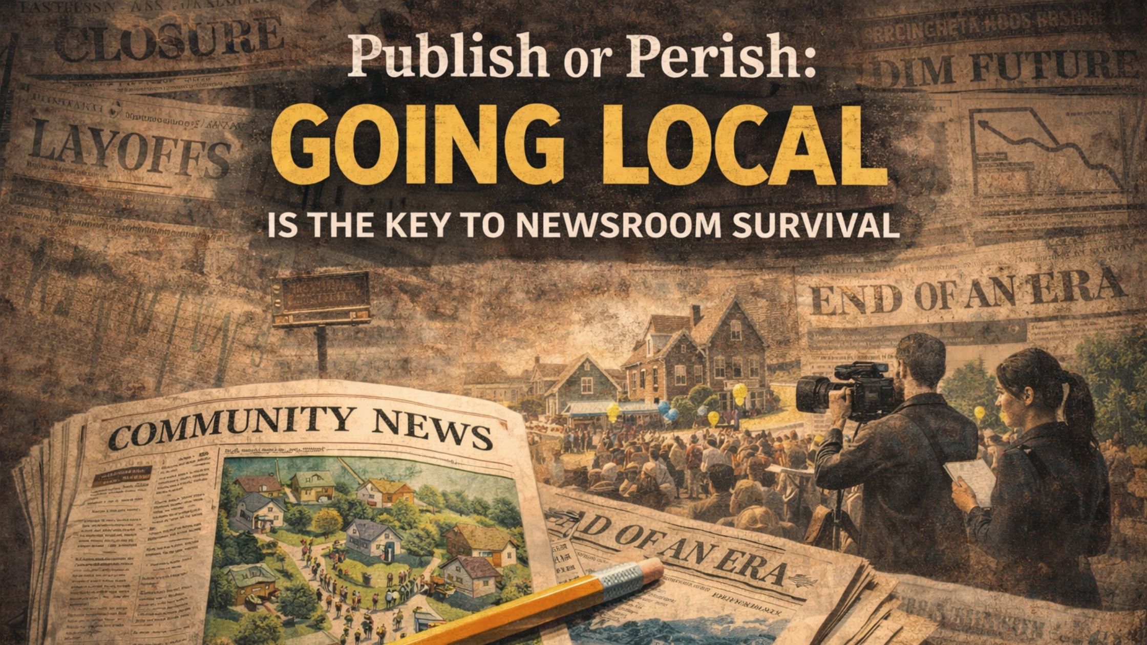 Illustration of local journalism with community news newspaper, reporters covering a neighborhood event, and headlines about newsroom decline in the background