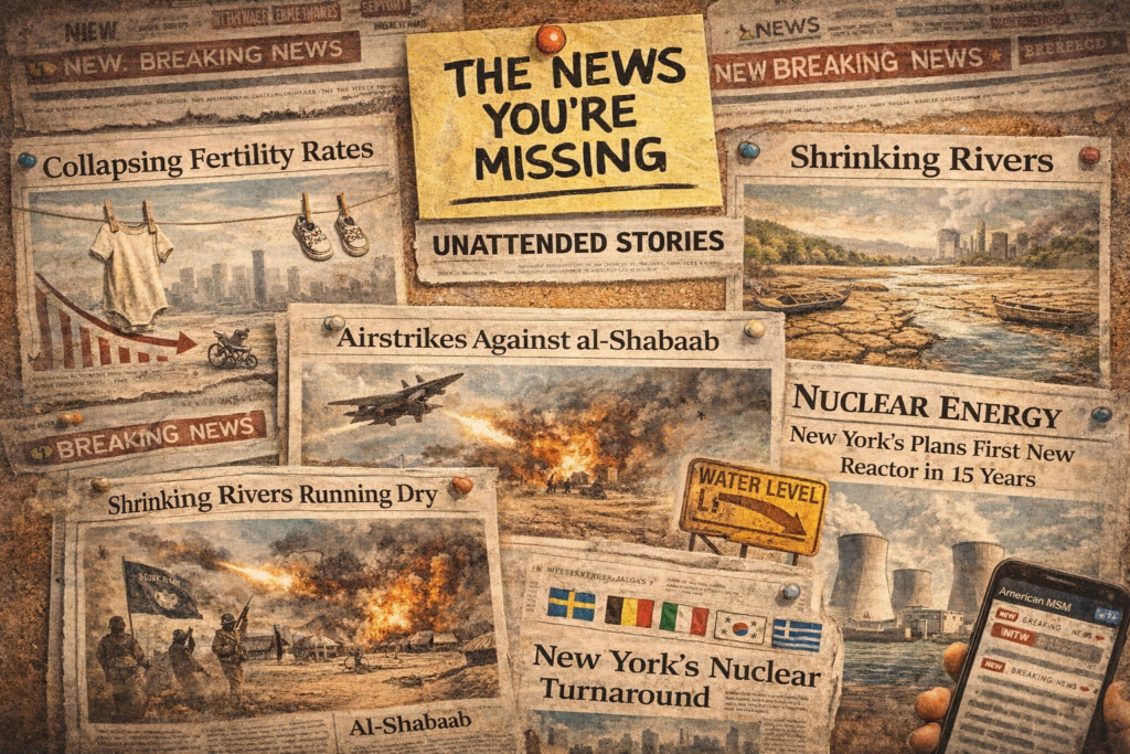 Collage of overlooked global news stories including declining fertility rates, shrinking rivers, military airstrikes in Somalia, and nuclear energy developments, symbolizing underreported global issues
