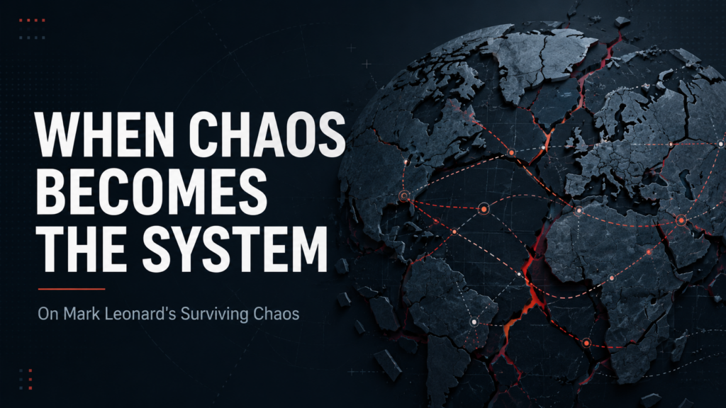 Dark geopolitical blog cover showing a fractured world map with red network lines and the title “When Chaos Becomes the System.”
