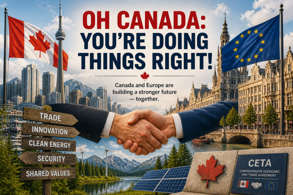 Canada and European Union partnership illustration with handshake, flags, and cityscapes symbolizing growing political and economic cooperation
