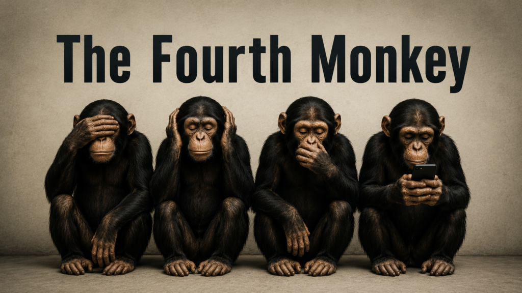 Four monkeys representing the classic see no evil, hear no evil, speak no evil proverb, with a fourth monkey staring at a smartphone, symbolizing digital isolation and modern media consumption.