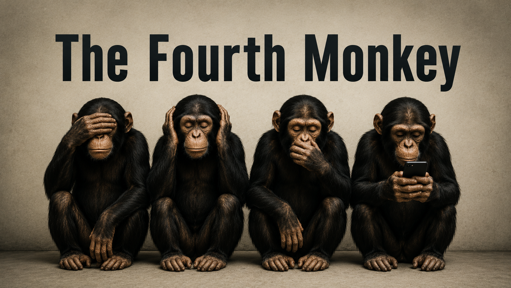 Four monkeys representing the classic see no evil, hear no evil, speak no evil proverb, with a fourth monkey staring at a smartphone, symbolizing digital isolation and modern media consumption.
