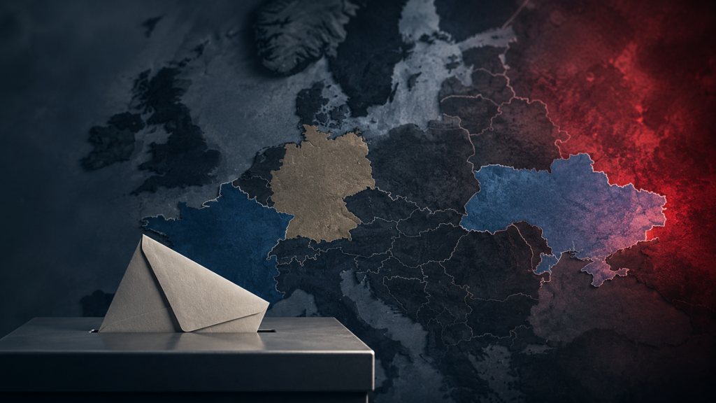 Minimalist cinematic cover image symbolizing Europe’s political struggle over Ukraine support and anti-Moscow resolve